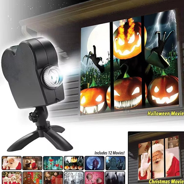 Halloween Christmas Party Holographic Projector Spooky Nights 12 Movies Mini Home Theater Tripod LED Indoor Outdoor Projector